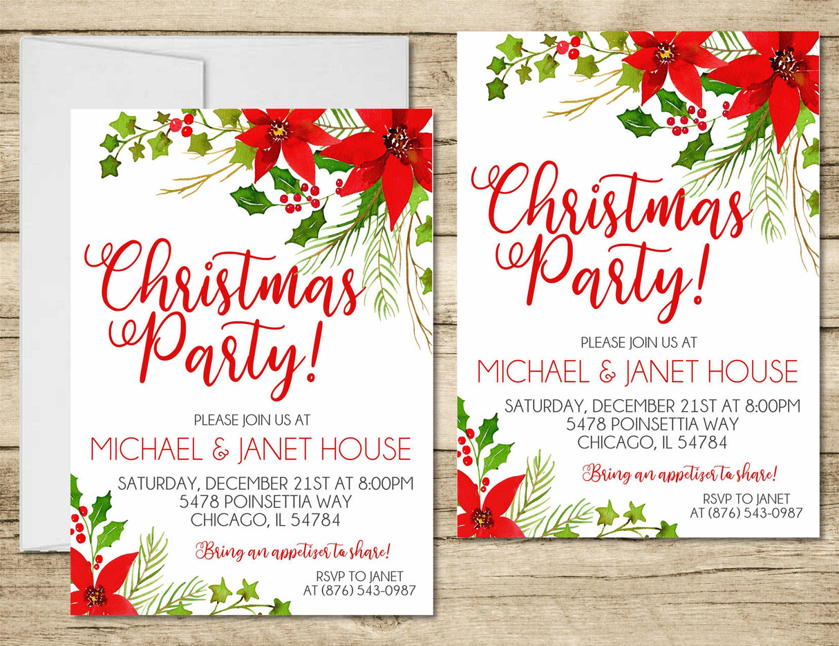 Poinsettia Christmas Or Holiday Party Invitations
