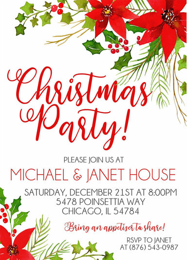 Poinsettia Christmas Or Holiday Party Invitations