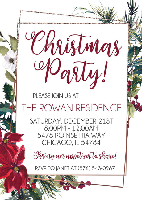 Poinsettia Christmas Or Holiday Party Invitations