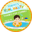 Pool party birthday sticker with boy in swim ring