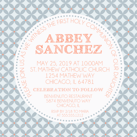Power Blue And Peach First Communion Invitations