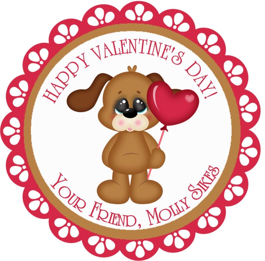 Puppy holding heart balloon personalized Valentine sticker
