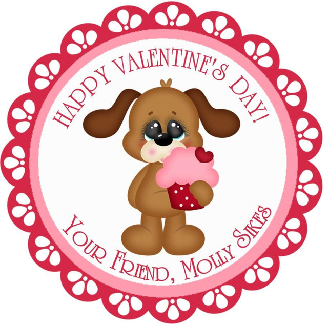 Puppy with cupcake personalized Valentine sticker