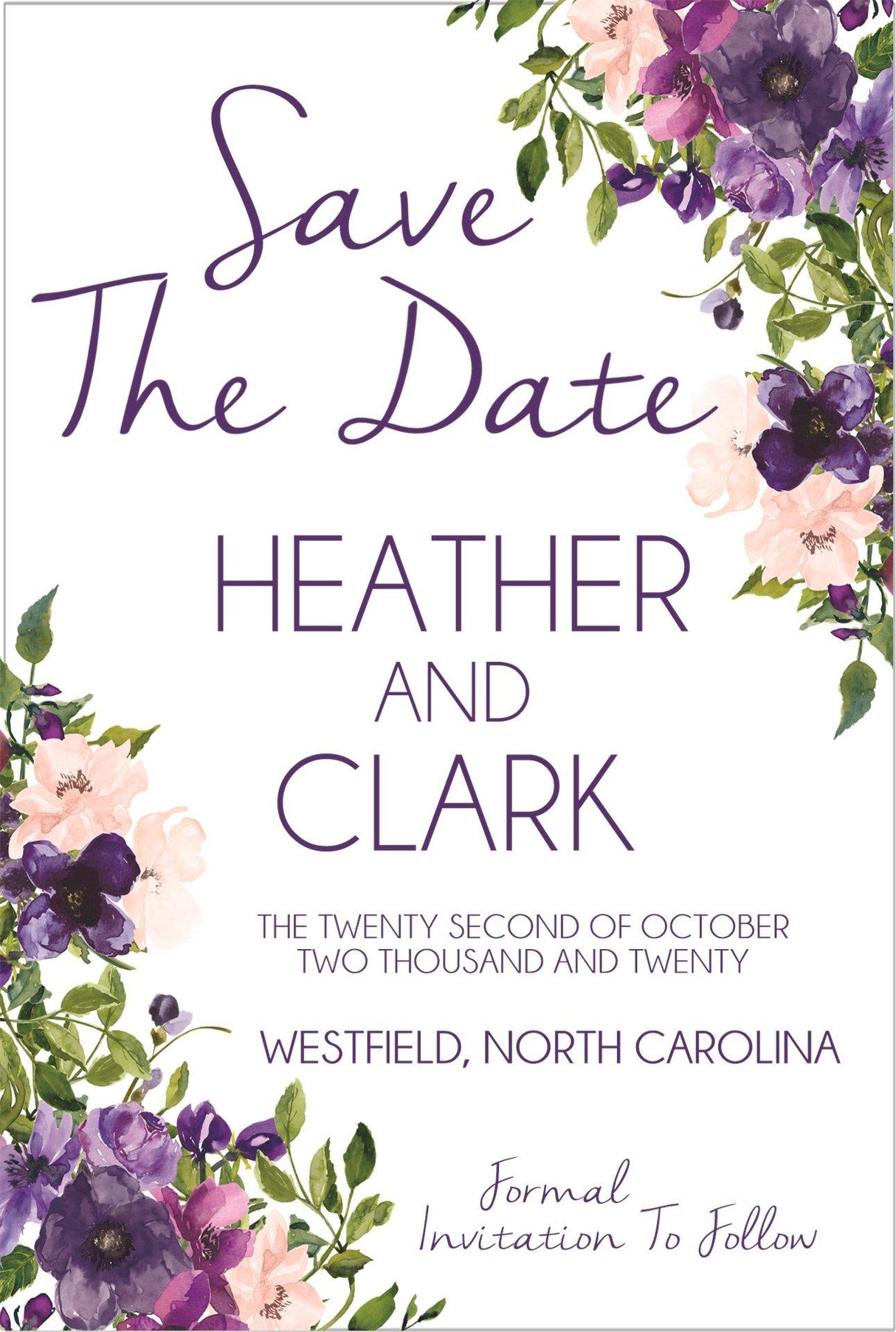 watercolor floral wedding save the dates elegant purple greenery theme