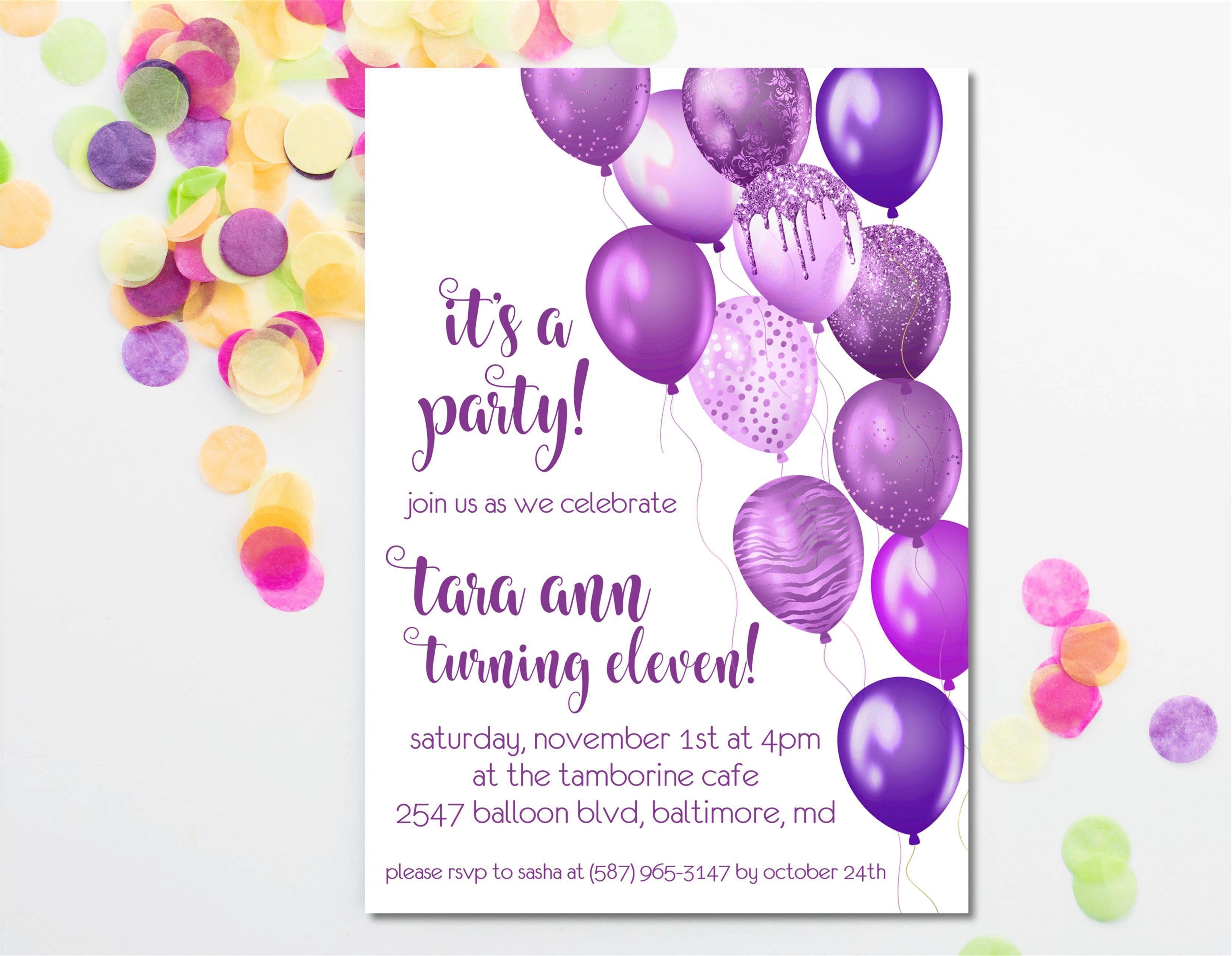 Purple Balloon Birthday Party Invitations