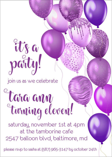 Purple Balloon Birthday Party Invitations