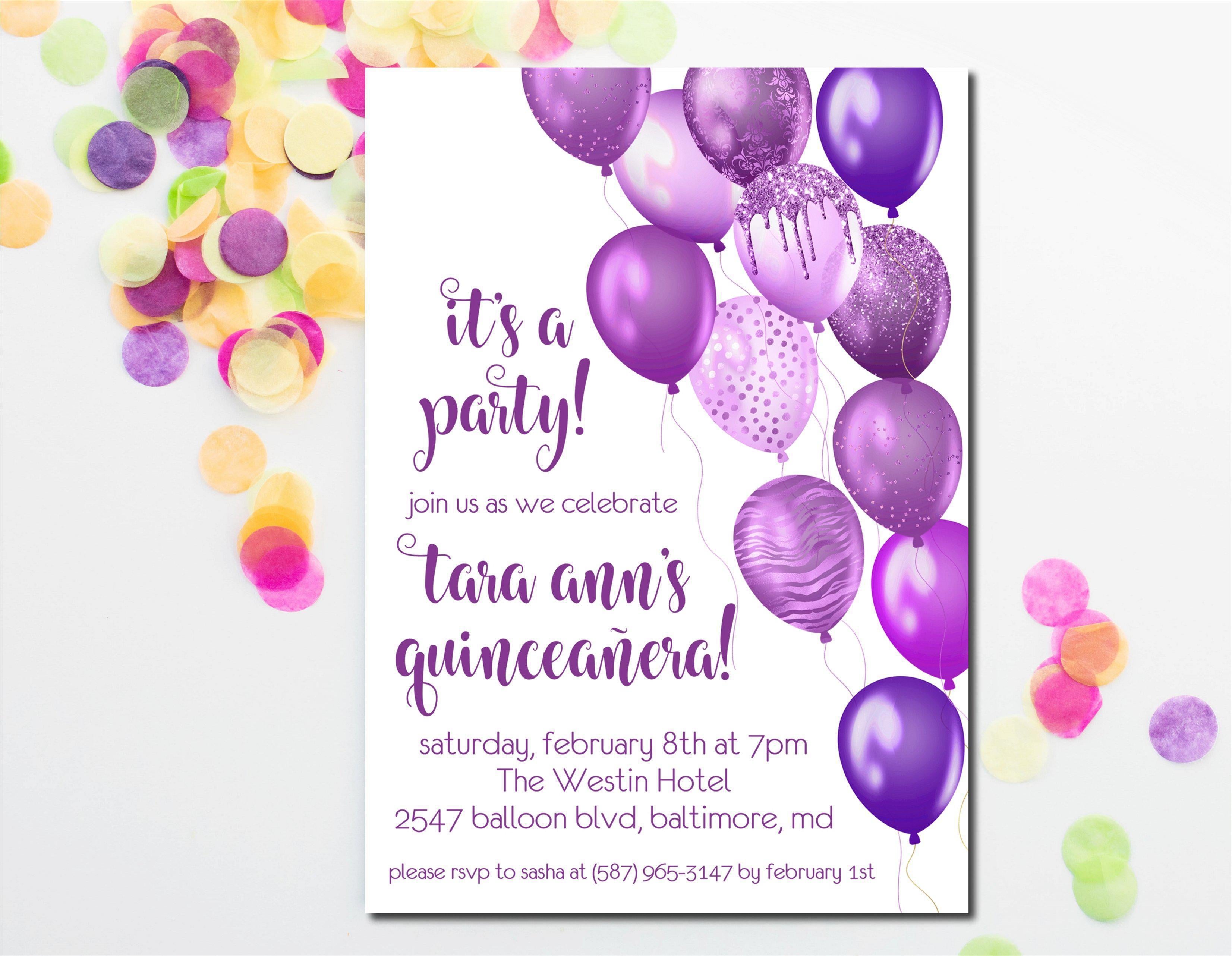 Purple Balloon Quinceanera Invitations