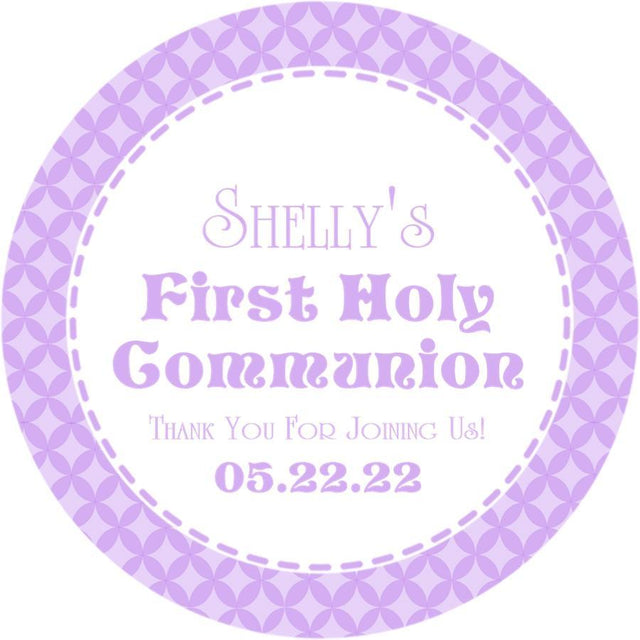 Purple First Communion sticker with name