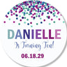 Purple and turquoise confetti party favor label