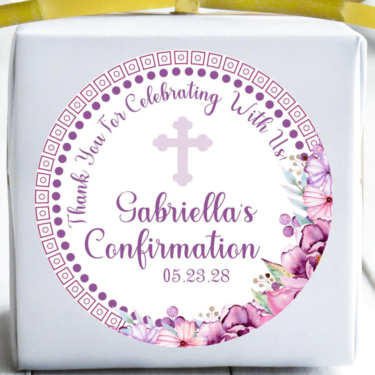 Purple floral Confirmation sticker with decorative lavender cross