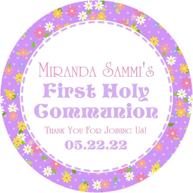 Purple floral First Holy Communion stickers for girls personalized