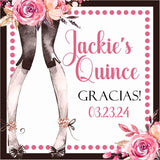 Quinceañera gracias favor labels in pink and black