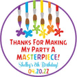 Rainbow paintbrush art birthday sticker with splatters