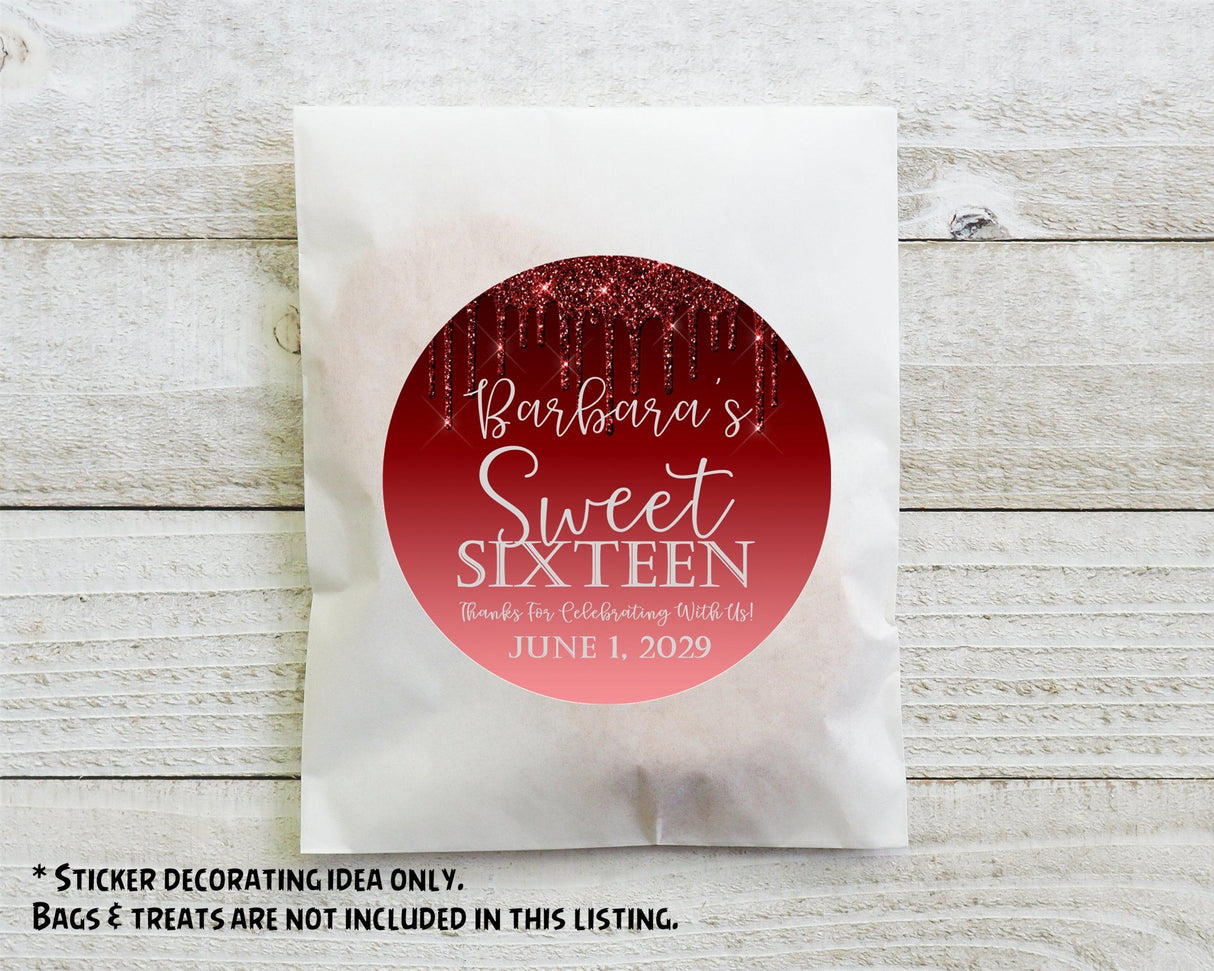 Red Sweet 16 party favor label