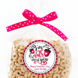 Red Valentine treat bag sticker with custom name
