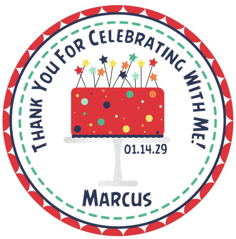 Red and blue birthday cake sticker with colorful stars