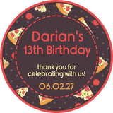 Red and brown pizza slice party favor label