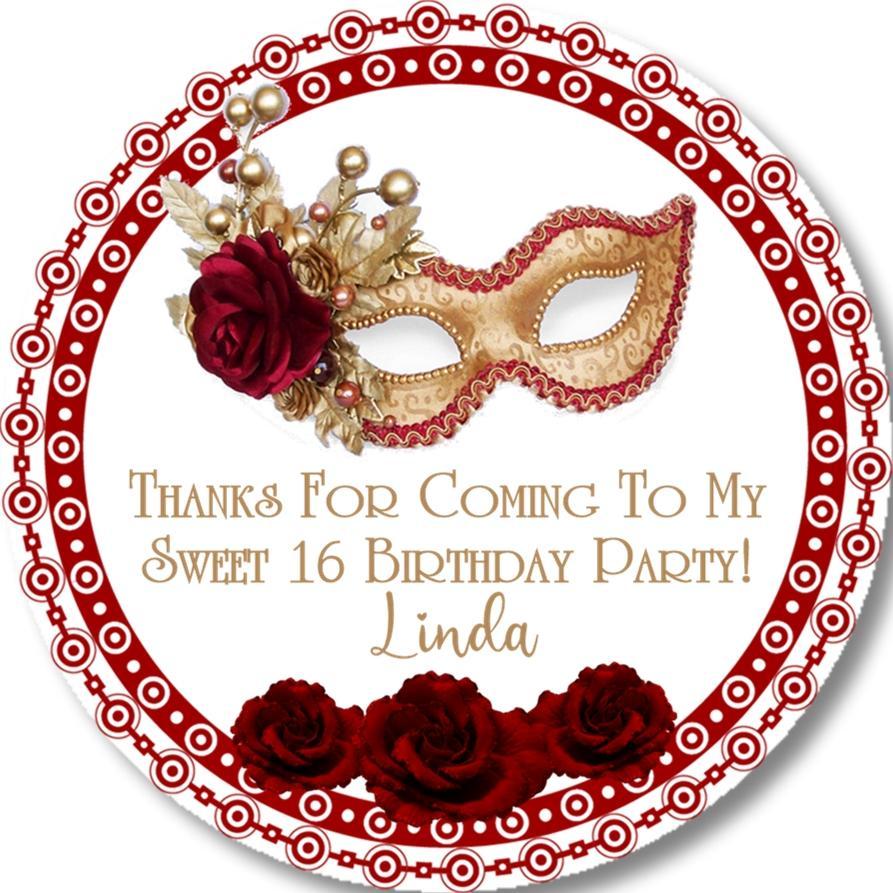 Red and gold masquerade Sweet 16 sticker with roses