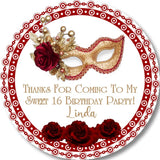 Red and gold masquerade Sweet 16 sticker with roses