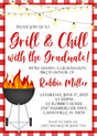 Red gingham Grill and Chill graduation party invitation with BBQ grill illustration