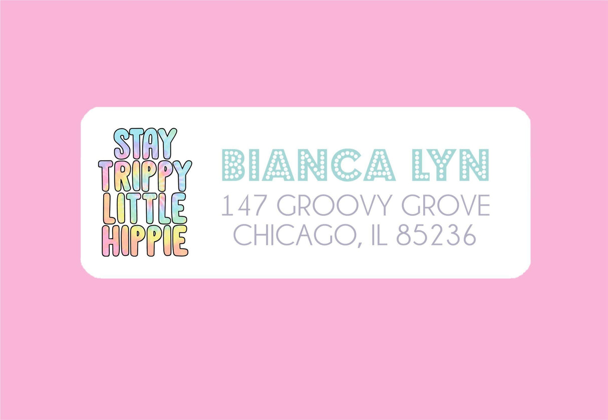 Retro boho address labels featuring 1970s hippie theme