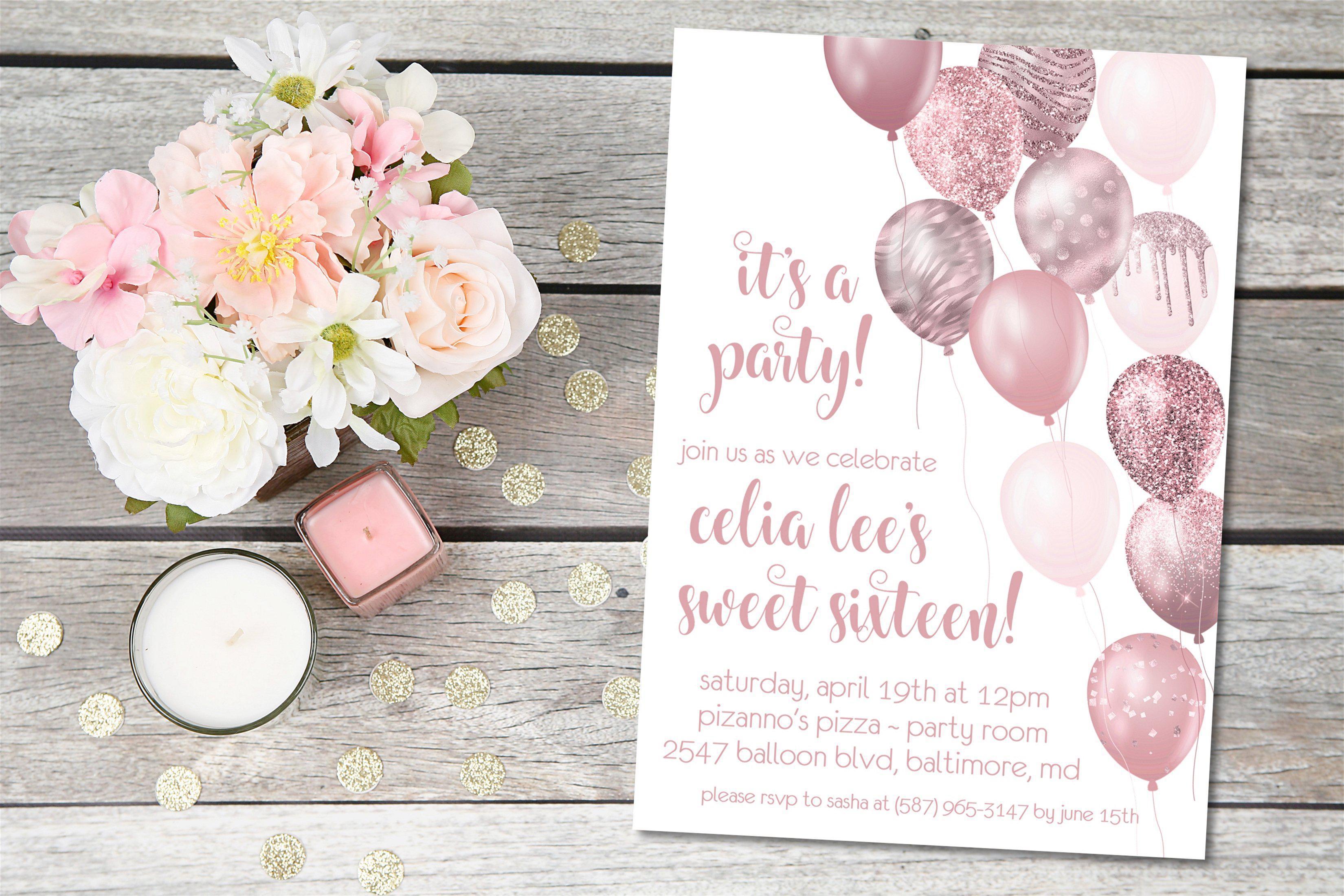 Rose Gold Balloon Sweet 16 Party Invitations