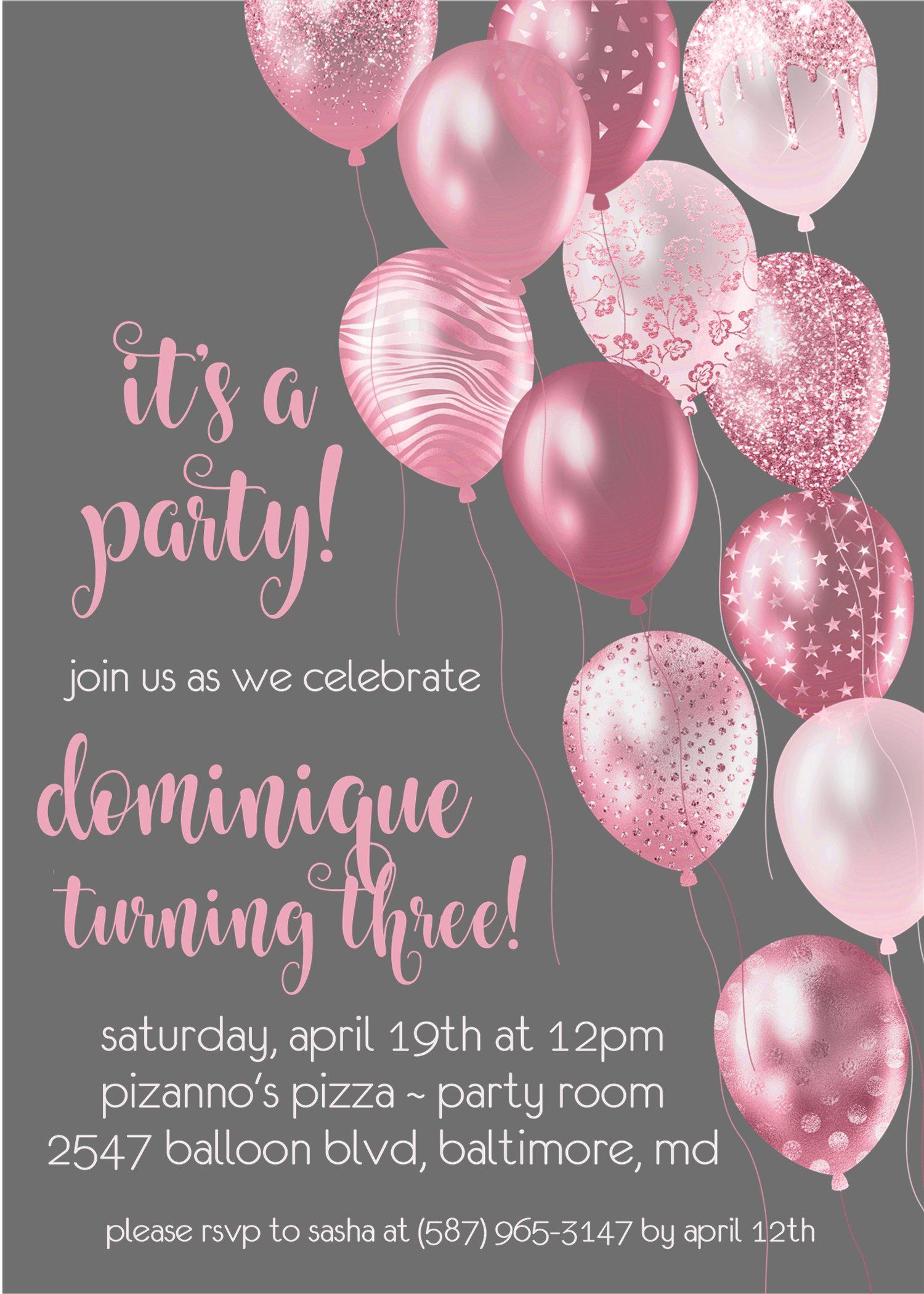 Rose Pink And Grey Balloon Birthday Party Invitations