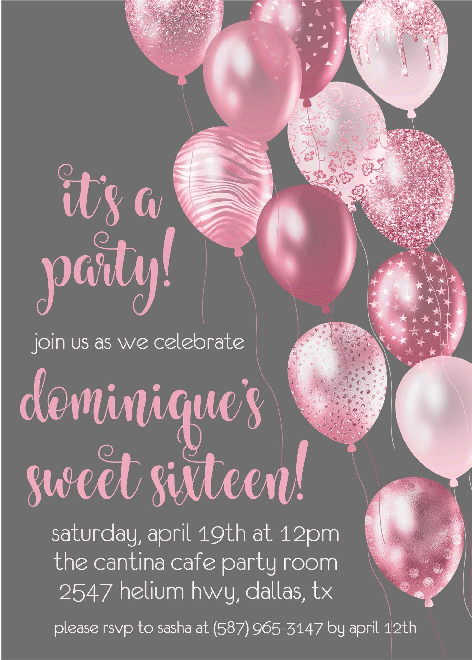 Rose Pink And Grey Balloon Sweet 16 Party Invitations