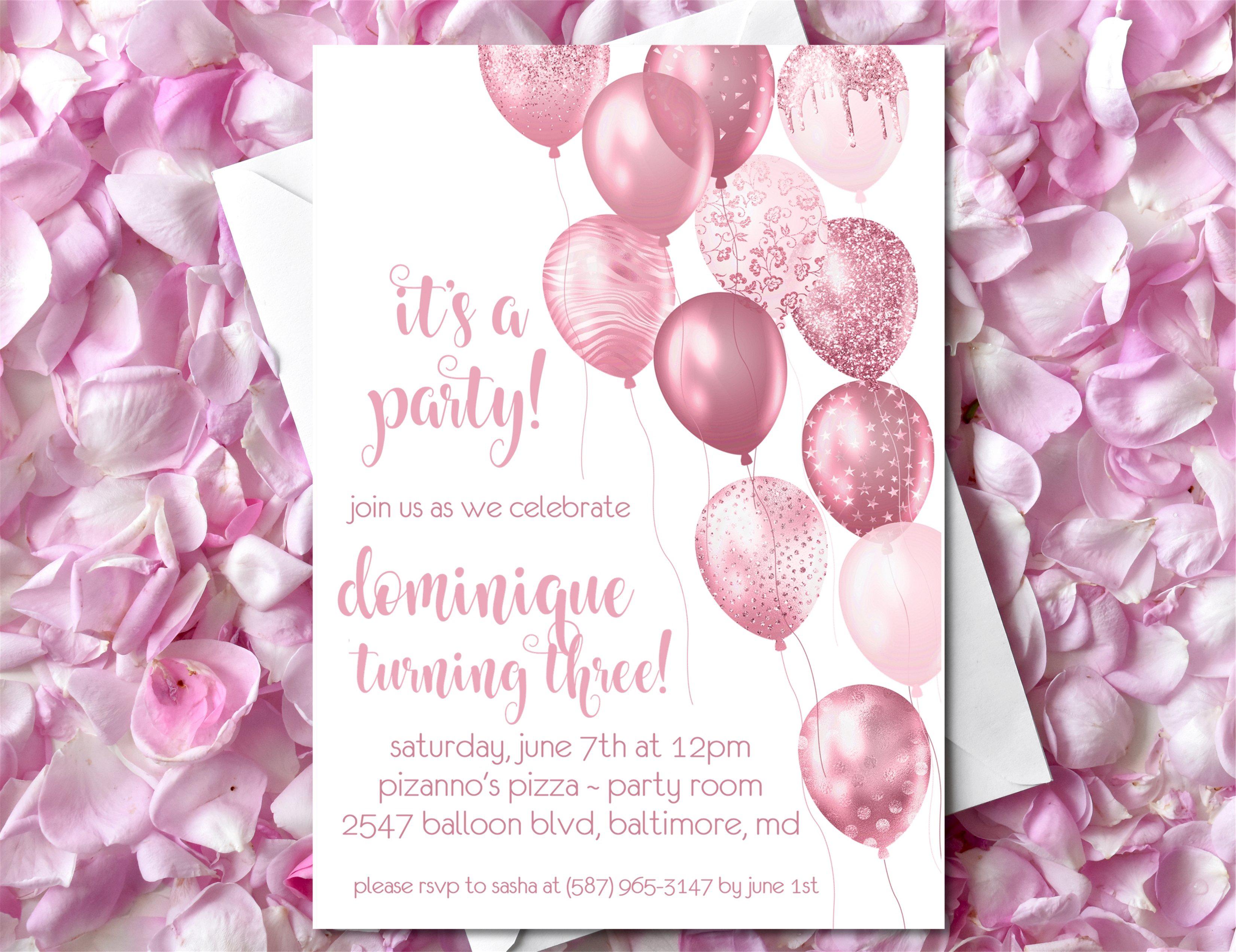 Rose Pink Balloon Birthday Party Invitations