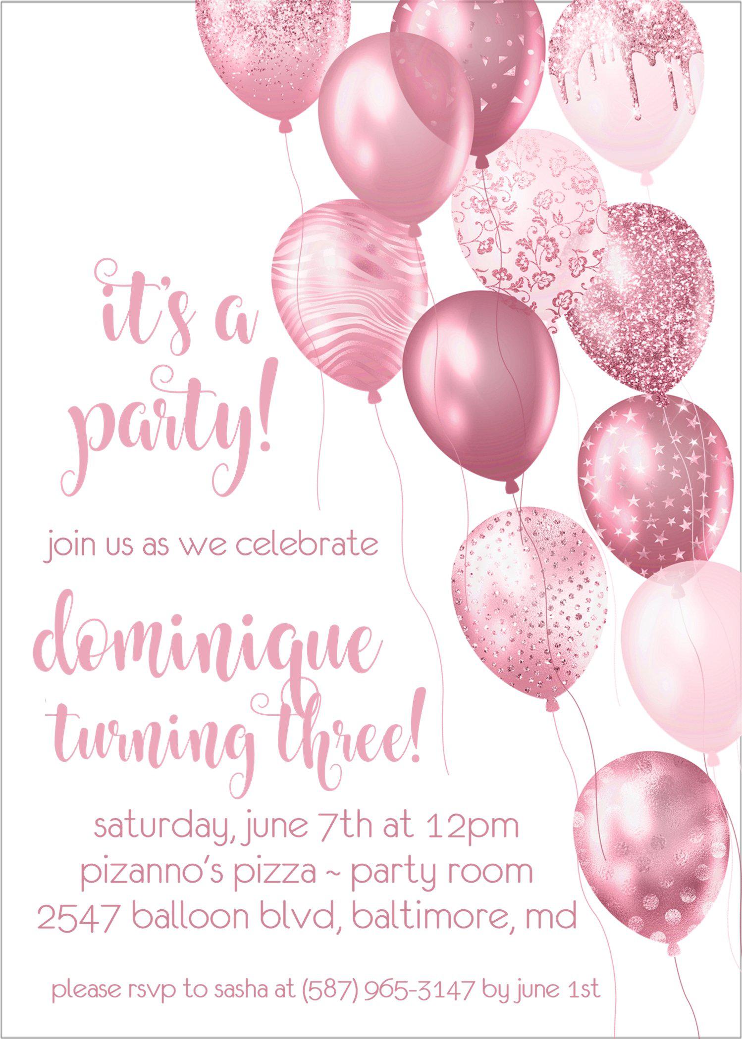 Rose Pink Balloon Birthday Party Invitations