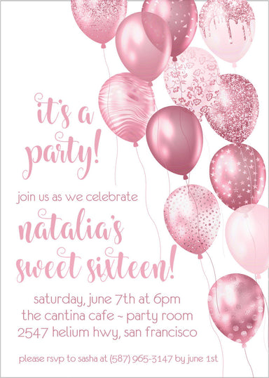 Rose Pink Balloon Sweet 16 Party Invitations