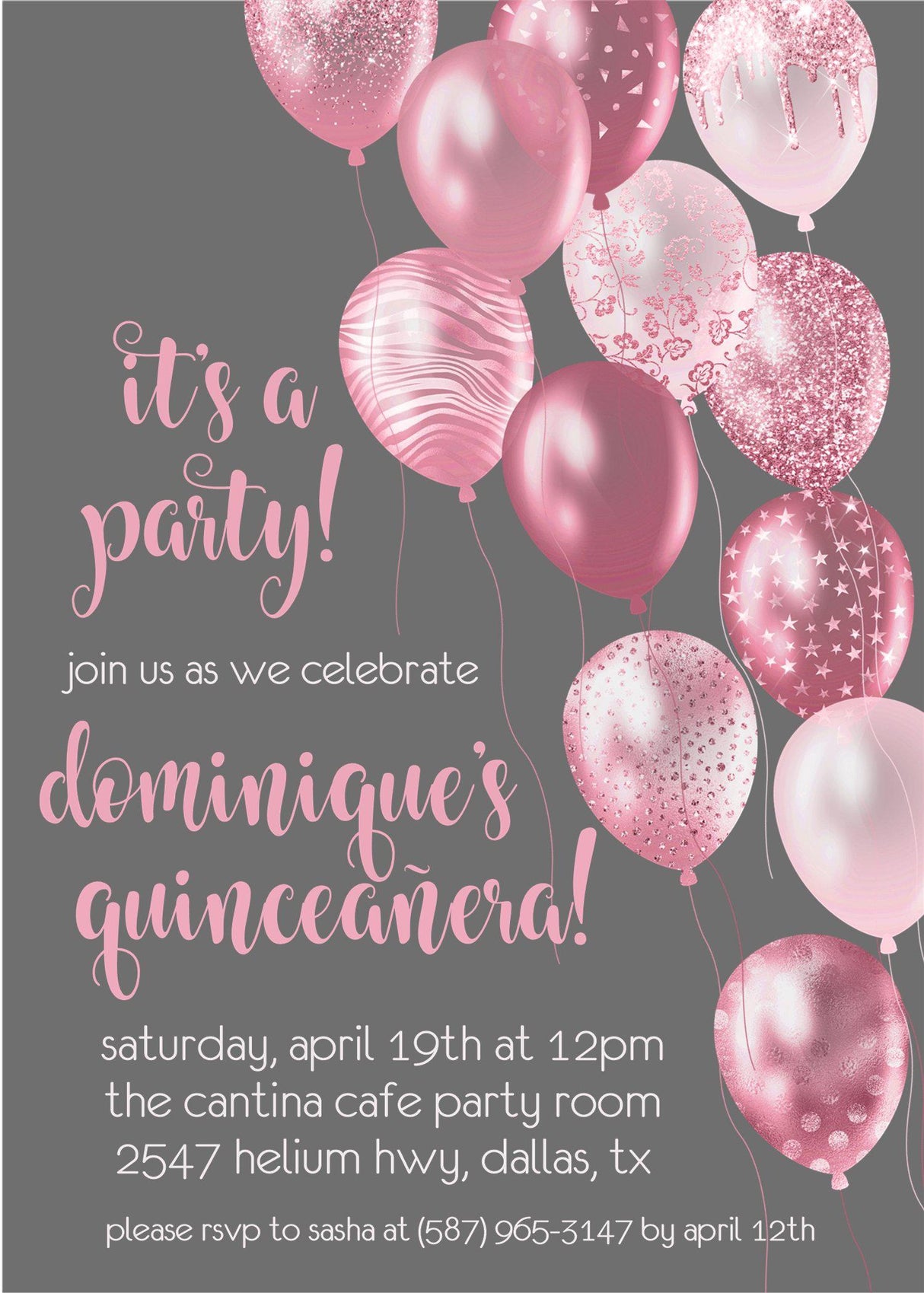 Rose pink gray quinceanera party invitations