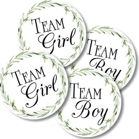 Round Team Boy and Team Girl gender reveal stickers featuring greenery wreath artwork