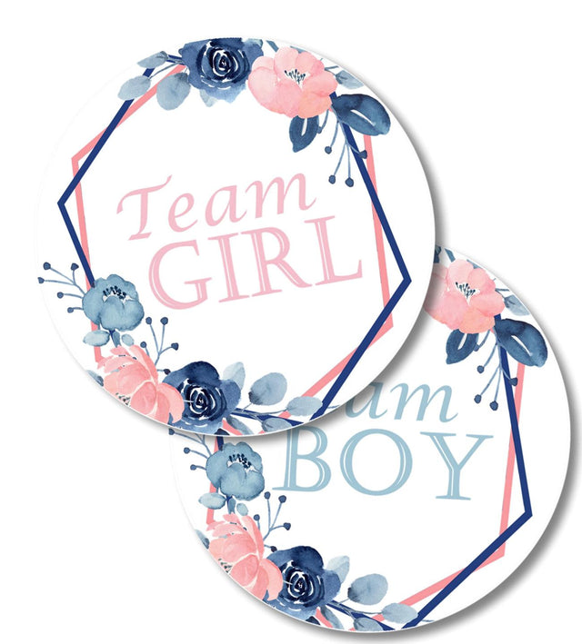 Round Team Boy and Team Girl gender reveal stickers featuring pink and blue floral accents
