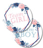 Round Team Boy and Team Girl gender reveal stickers featuring pink and blue floral accents
