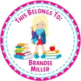 Round girls school name label with illustrated schoolgirl and stacked books