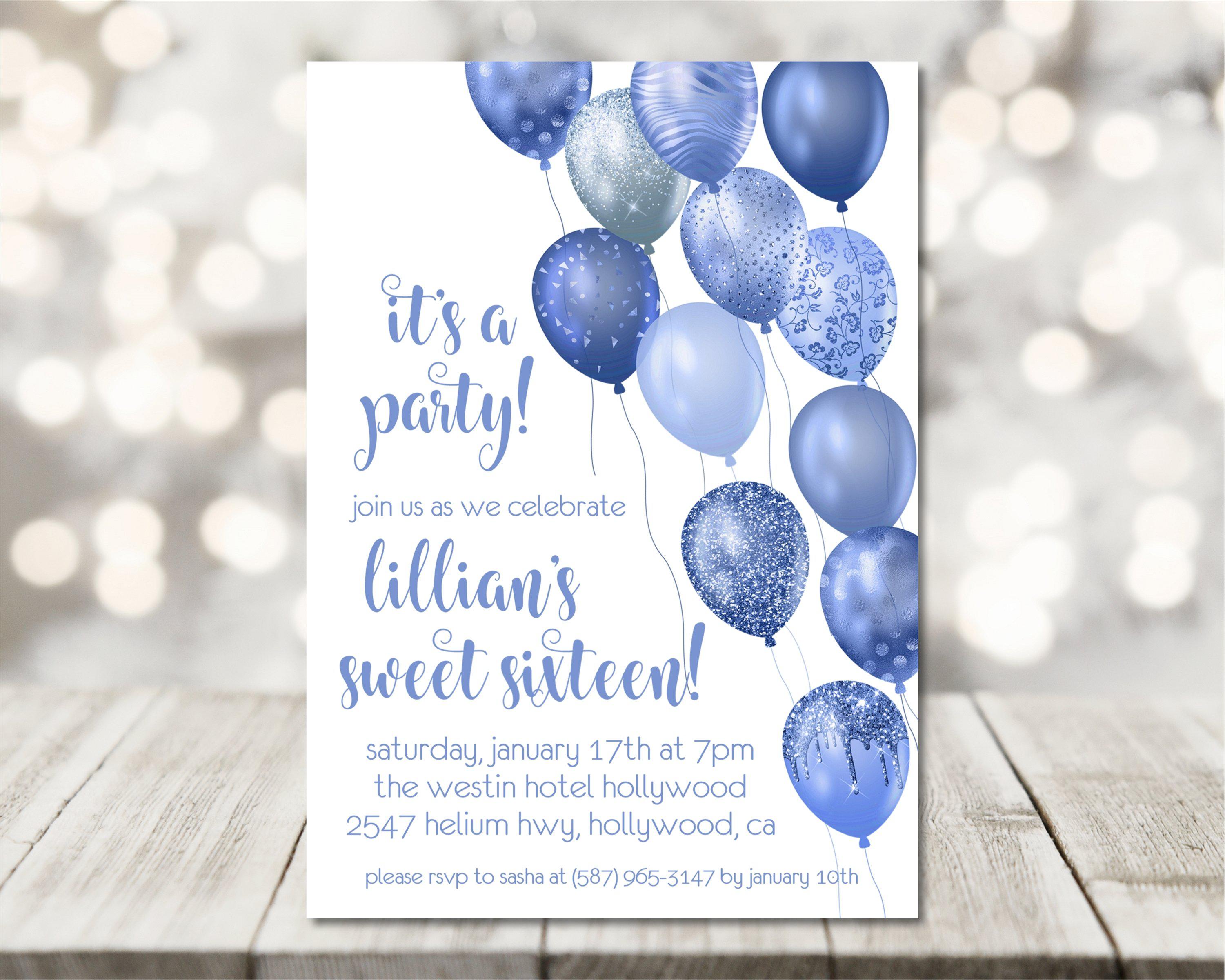 Royal Blue Balloon Sweet 16 Party Invitations