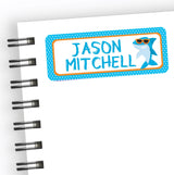 Shark back to school name label with blue shark wearing sunglasses