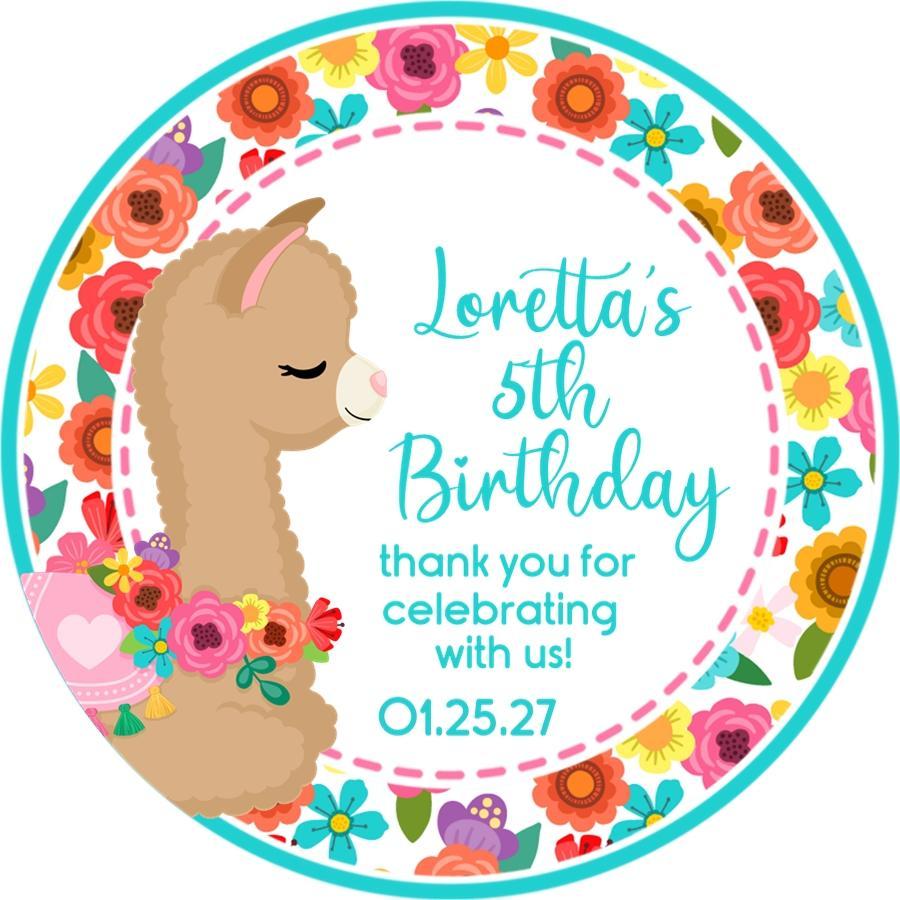 Side-pose llama birthday sticker with flowers