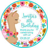 Side-pose llama birthday sticker with flowers