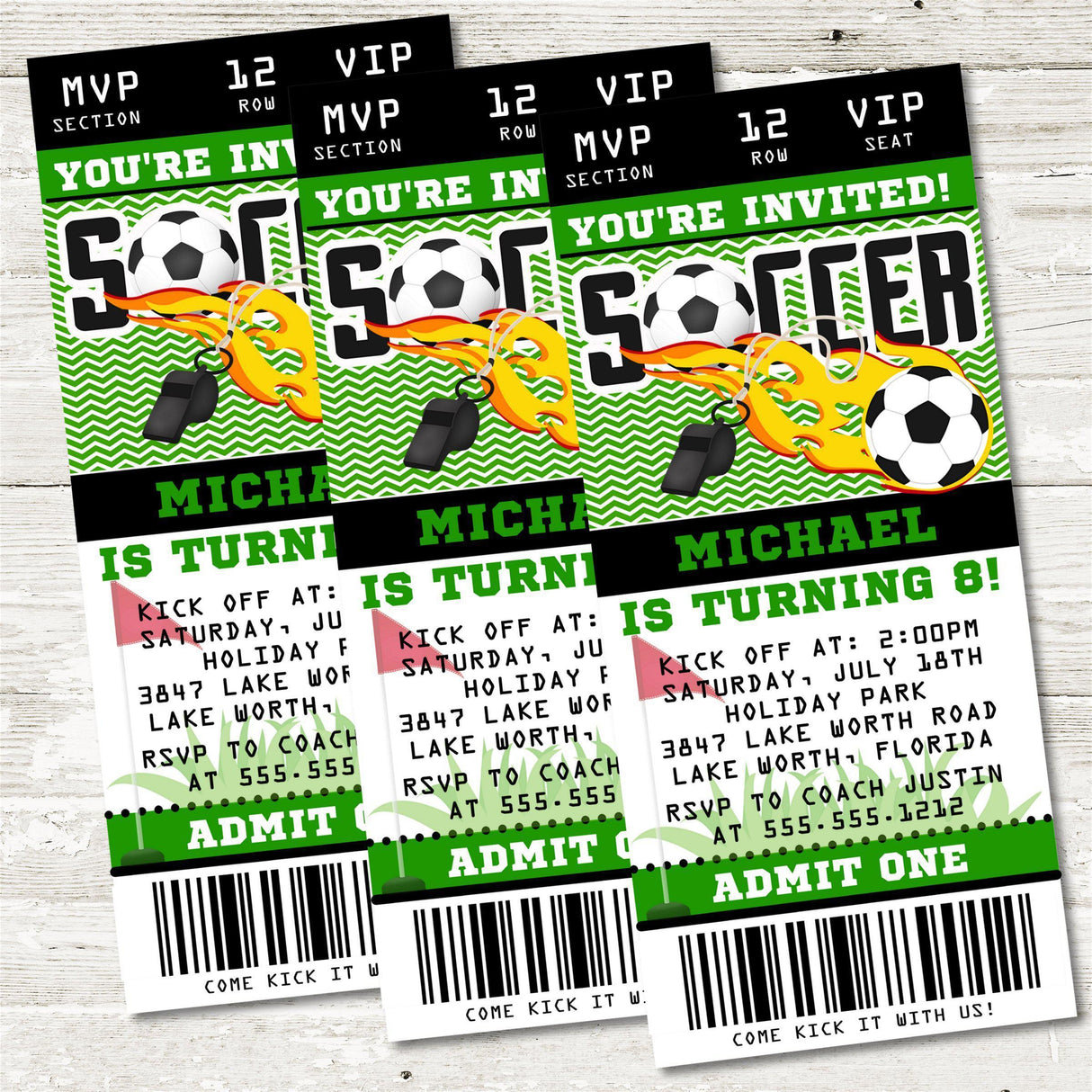 Soccer ticket invitation featuring soccer ball artwork and soccer field design