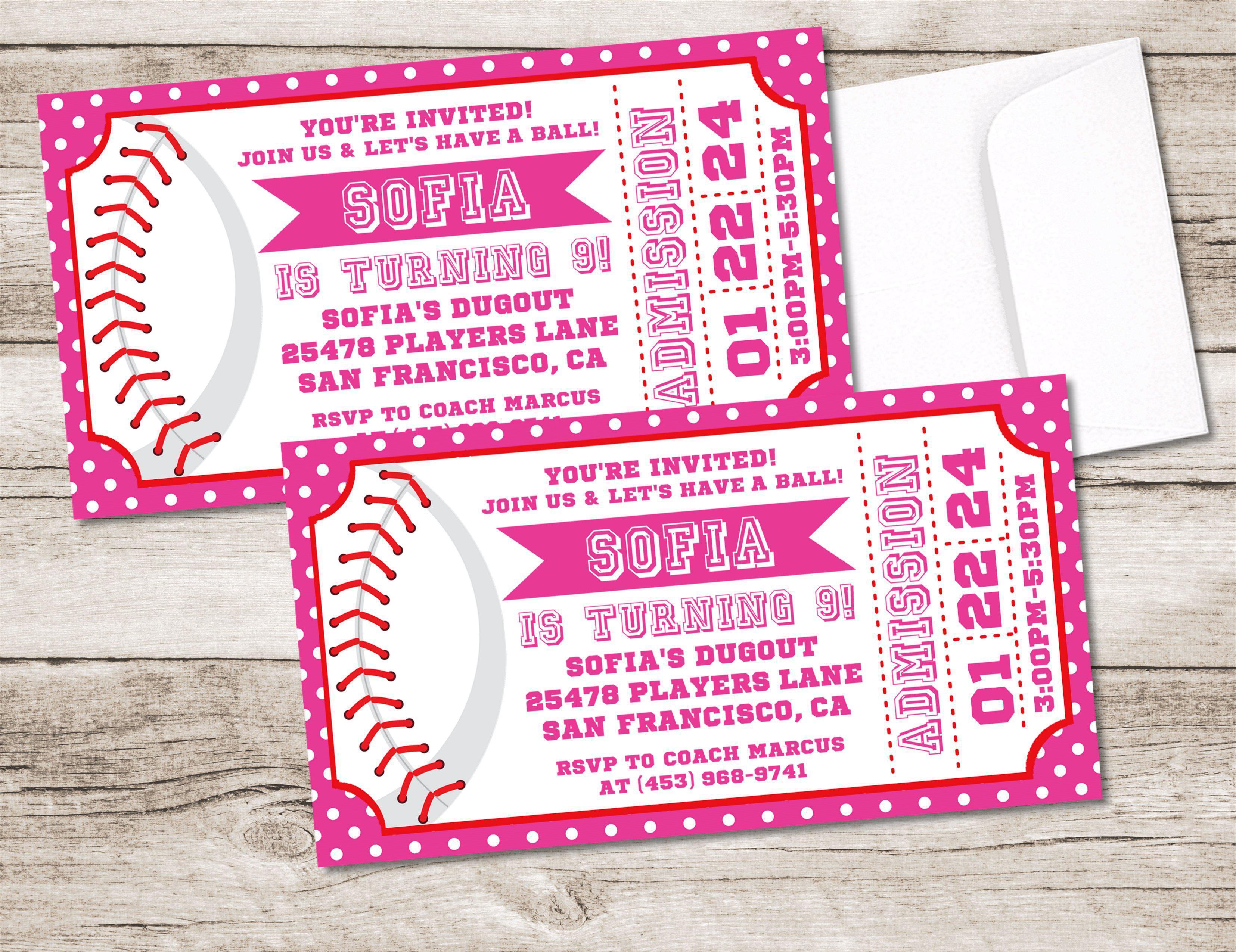 Softball Birthday Party Ticket Invitations