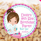 Spa party favor label in pink and turquoise with custom name