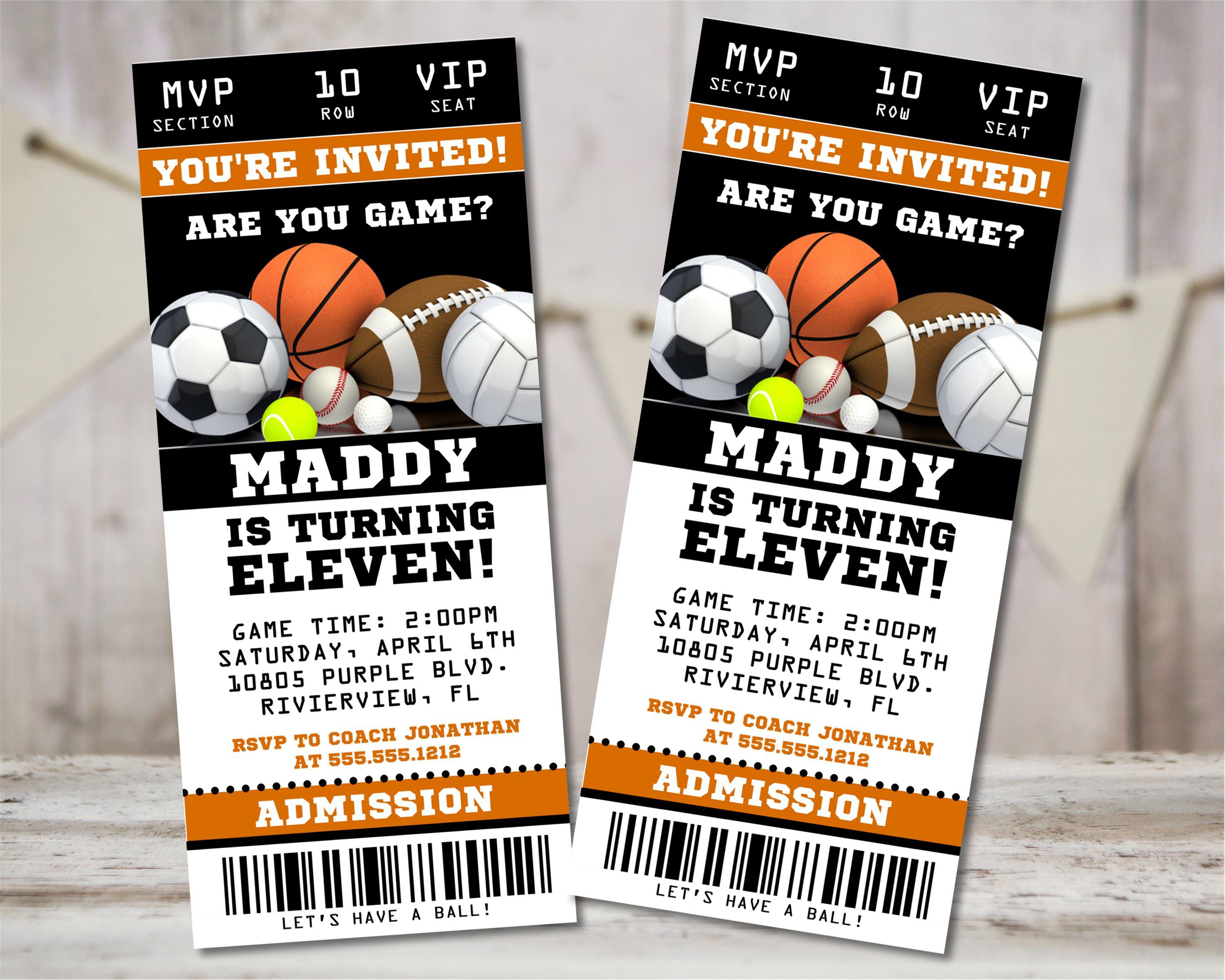 Sports Birthday Party Ticket Invitations