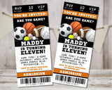 Sports themed birthday invitation with multiple sports balls and ticket style layout