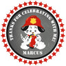 Spotted puppy fire truck party favor label