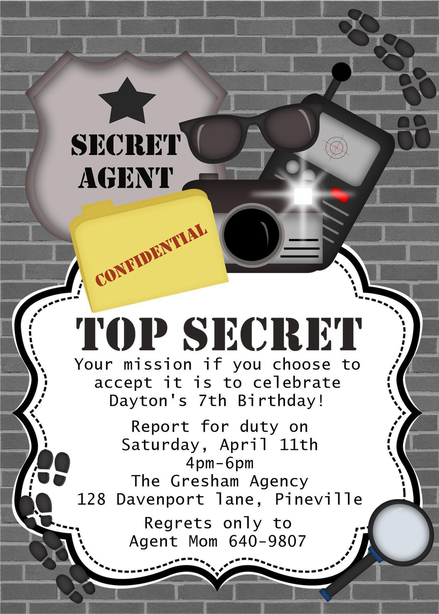 Spy Secret Agent Birthday Party Invitations