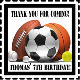 Square sports birthday sticker with soccer, basketball, baseball, football, and tennis balls