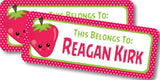 Strawberry back to school name labels with red pink and green design