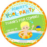 Summer splash party favor label in blue and orange
